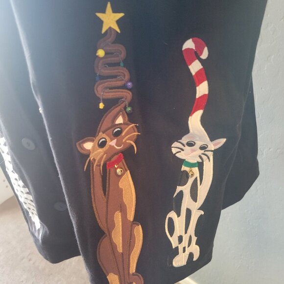 Bechamel Black Oversized Button Down Christmas Cat Cardigan with Bells Size XL - Picture 5 of 15